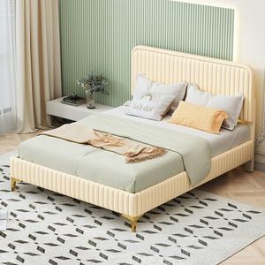 Aunvla Gestoffeerd bed, 140 x 200 cm, tweepersoonsbed, in hoogte verstelbaar hoofdeinde, jeugdbed met lattenbodem, met metalen poten, kunstleer beige (matras niet inbegrepen)