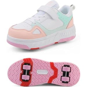 XRDSHY Schoenen met wieltjes, voor jongens en meisjes, skateboardschoenen, sportschoenen, turnschoenen, kinderen en volwassenen, 2-in-1 multifunctionele 4 wieltjes, rolschaatsen, roze 1, 32 EU