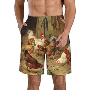 JIAWUJYNB Roast Chicken Hen Farm Print strandshorts voor heren, lichtgewicht, sneldrogend trekkoord zwembroek met zakken, Wit, XL