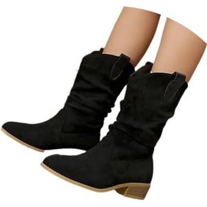 Retro Western Cowboylaarzen Kanten Halflaarzen for Dames Met Blokhak 2024 Nieuwe Suède Instappers Herfst Winter Enkellaarsjes Vrijetijdsschoenen for Buiten, Feest(Black,37 EU)