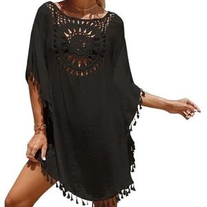 SkyjOy Cover Ups Voor Vrouwen Strandkleding Kant Strand Cover Up Vrouwen Bikini Badpak Kleine Kwastje Holle Jurk Losse Solide Badpakken Cover-Ups Beachwear Badpak Cover Ups Voor Vrouwen (Zwart)