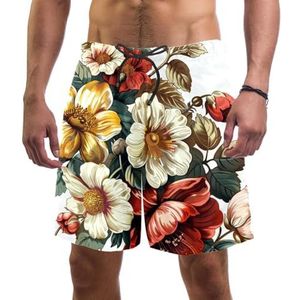 PAFEFO Kleurrijke Retro Grote Bloemen Mannen Board Shorts, Sneldrogende Strand Zwemmen Sport Suits met Zakken, Kleurrijke Retro Grote Bloemen, S