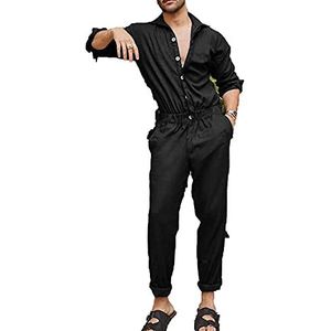 Heren Herfst Mode Romper Lange Mouw Jumpsuit Met Pockets Button Playsuit Equil Solid Colory Casual Pants,zwart,XXL