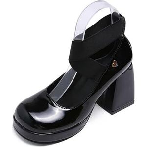 Mary-Jane-schoenen voor dames, klassieke mode, plateau-hoge hakken, slip-on, effen, hoogwaardige metalen decoratie, Lolita-pumps, zwart, 36 EU