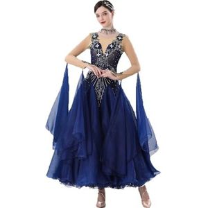 Professionele Standaard Ballroomdansjurken Walswedstrijddanskleding Voor Dames Borduur Tango Dansoutfit Moderne Danskleding Grote Tule Schommel,Marine,3XL