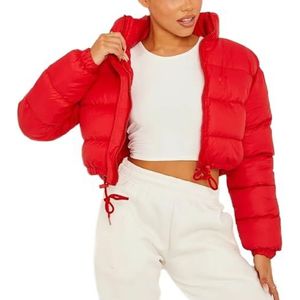 Dames Cropped Pufferjack, Opstaande Kraag, Baggy Korte Gewatteerde Jas Met Zakken(Red,S)