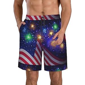 PHTZEZFC Firework Amerikaanse vlag 4 juli print heren strandshorts zomer shorts met sneldrogende technologie, lichtgewicht en casual, Wit, XL