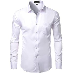 PARKLEES Heren Slim Fit Formele Lange Mouw Casual Business Party Jurk Shirts met Borstzak, Wit, M