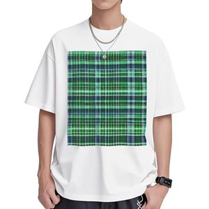 Blauw en groen Schotse tartan print dames katoenen T-shirts casual korte mouw tuniek tops ronde hals zomer basic losse pasvorm T-shirt, Wit, S