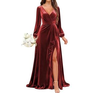 KURFACE Bruidsmeisjesjurken met V-hals, lange mouwen, met split en ruches, mouwloos, formele feestjurk, wijnrood, 32