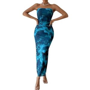 Damesjurken Bloemenprint Hoge taille Split Zomer Mouwloos Bandeau Bodycon Pullover Lange jurken (Color : Lake blue, 32-33, 3435, 36-37, 38-39, 40-41, 42-43, 44-45, 46-47 : M)