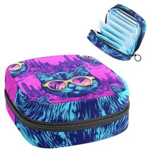 Happy Kitten gezichten met zonnebril patroon maandverband opbergtas grote menstruatie cup zakje met rits, menstruatie pads tas winkel panty voeringen tampons voor meisjes vrouwen