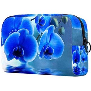 Dames Make-up Tas Meisje Cosmetische Tassen Toilettas Organizer Pouch met Rits 7.3x3x5.1 Inch Blauwe Phalaenopsis