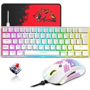 ZIYOULANG RGB Mechanisch Gamingtoetsenbord Combo, Rode Schakelaar, UK QWERTY Layout, Mini 62 Toetsen, Afneembare USB-C Kabel, 12.000 DPI RGB Programmeermuis Voor PC (wit)