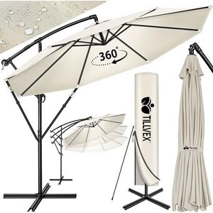 tillvex Aluminium parasol Ø 300 cm met zwengel, zweefparasol met standaard, tuinscherm, uv-bescherming aluminium, zwengelparasol, marktparasol, waterdicht, 360° draaibaar, beige, 350 cm