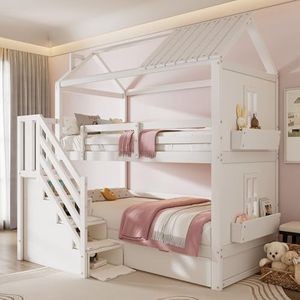 Yaheeda Stapelbed voor 2 kinderen, 90 x 200 cm, huisbed met opbergruimte, houten bed met trap, laden en planken, wit