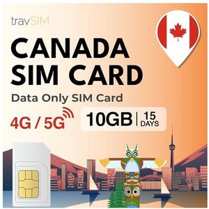 travSIM Simkaart Canada | 10 GB mobiele data met 4G/5G hoge snelheid | 15 dagen geldig | Data travel sim card Canada | Canadese prepaid reissim voor vakantiegangers en zakenreizigers