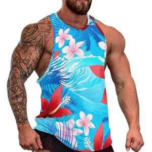 Tropische rode hibiscus bloemen heren tanktop grafische mouwloze bodybuilding T-shirts casual strand T-shirt grappige sportschool spier