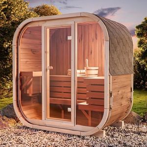 FinnTherm vatsauna Elipso, moderne outdoor sauna incl. dakbedekking, compact, kleine tuinsauna met glazen front, buitensauna: B 136 x D 119 x H 203 cm, 3 personen, 42 mm wanddikte