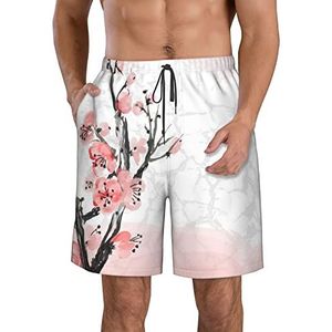 PHTZEZFC Roze kersenprint strandshorts voor heren, lichtgewicht, sneldrogend, zwembroek met trekkoord en zakken, Wit, XL