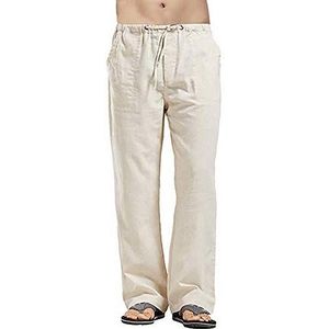 Vanvene Linnen herenbroek, losse pasvorm, casual, licht, met trekkoord, strandbroek, yogabroek, Kaki, L