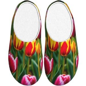 EdWal roze tulpen print Winter Warme Slippers Indoor Anti-slip Pluche Slippers Ontspannen thuis voor Vrouwen Mannen, Zwart, 37.5 EU