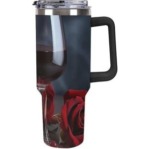 STVNKML 40 oz beker met handvat rode wijnroos en kaars roestvrijstalen koffiemok herbruikbare reismok lekvrije geïsoleerde autobeker grote capaciteit beker voor reizen, buiten, thuisgebruik (zwart)