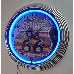 Neon horloge route 66 AMERICAN vlag design wandklok verlicht met blauwe neon ring verkrijgbaar ook met andere neonkleuren.