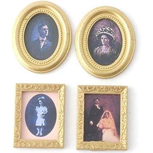 Poppenhuis 4 Victoriaanse portretfoto's schilderijen in miniatuur gouden kaders