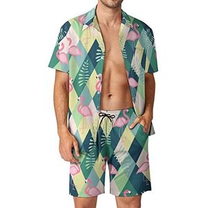 Leuke retro flamingo Hawaiiaanse bijpassende set voor heren, 2-delige outfits, button-down shirts en shorts voor strandvakantie