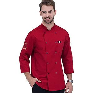 YWUANNMGAZ Chef Restaurant Uniform Cook Coat Lange Mouw Knopen Jas Mannen Vrouwen Barista Baker Shirts Ober Werkkleding (Kleur: Rood, Maat: D (2XL))