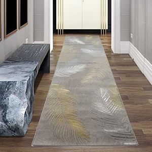Teppich-Traum Bedomranding designer tapijt hal woon- en slaapkamer • licht donker effect palmtakken grijs goud glanzend, afmeting 80 x 300 cm