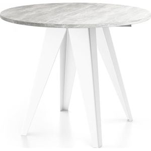 WFL GROUP Moderne ronde tafel voor de eetkamer, diameter 90 of 100 cm, uittrekbare eettafel met witte metalen poten met poedercoating, industriële stijl, beton grijs, 100 cm