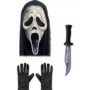 Unisex Officieel Scream/Ghost Face® verouderd masker + zwarte handschoenen + big blad: Halloween verkleedaccessoires set