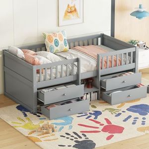 Hoogslaper van houten bed 90 x 200 cm met valbescherming en rooster, huisbed kinderbed functioneel bed met drietraps schuine glijder voor kinderen en jongeren, wit natuur