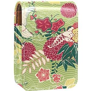 Traditionele Japanse Kraan Groen Golf Bloem Patroon Lip Gloss Houder Lippenstift Case Draagbare Make-up Tas Reizen Lipstick Organizer Case met Spiegel Mini Lipstick Opbergdoos voor Vrouwen