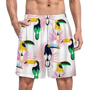 Tropic Roze Plant Bladeren En Toekan Vogel Grappige Pyjama Shorts Voor Mannen Pyjama Bottoms Mannen Nachtkleding Met Zakken Zacht