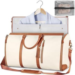 WANWEN Garment Duffle Bag, Convertible Carry-on Garment Bag, Garment Bags for Travel, PU Leather Duffle Bag, Hanging Suitcase Suit, with Shoe Pouch & Toiletry Bag Compartment (Beige)