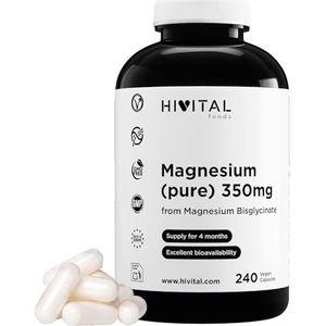 Magnesium 350 mg uit Magnesiumbisglycinaat. 240 veganistische capsules voor 4 maanden behandeling. Gefabriceerd in Europa door HIVITAL