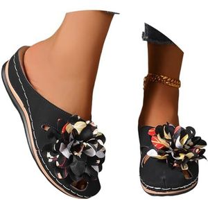 Gesloten Sandalen Met Bloemen 2025 Vrouwen Wandelschoenen PU Leer Orthopedische Pantoffels Met Steun for De Voetholte, Comfortabele Platform Sleehak Pantoffels Zomer Strand Schoenen(43 EU)