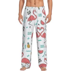 Roze flamingo. Lange loungewear voor heren, nachtkleding, pyjamabroek, nachtkleding met zakken en trekkoord, Wit, S