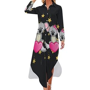 Lovers Koalas on The Flying Hearts Maxi-jurk voor dames, lange mouwen, knoopsluiting, casual party, lange jurk, XL