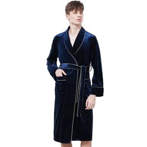 Satijnen nachtjapon voor mannen, Vest met lange mouwen, lange nachtjapon, herfst- en winterseizoen, pyjama van goudfluweel(Blue,XXL)