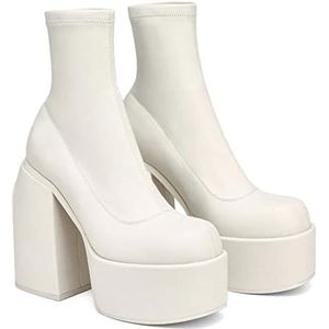Dames enkellaarsjes met plateauzool, modieus blokhak halfhoge laarzen met ronde neus, comfortabele korte laarzen met hoge hakken voor dames(Size:36 EU,Color:Wit)