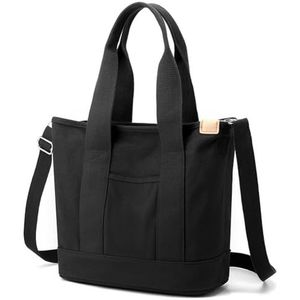 YILCER Multi-Pocket Tote Bag met rits, canvas Japanse handgemaakte handtas met compartimenten, multifunctionele tas voor vrouwen dames univisiteit school werk reizen, Zwart - Groot formaat, Small