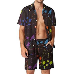 Katten met lijnen sterren stippen mannen Hawaiiaanse bijpassende set 2-delige outfits button down shirts en shorts voor strandvakantie