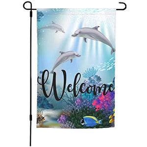 Tuinvlag 30 x 45 cm, schattige dolfijn dieren vissen koraal in oceaan welkom vlag kamer decor boerderij vlag, voor feesten, carnaval