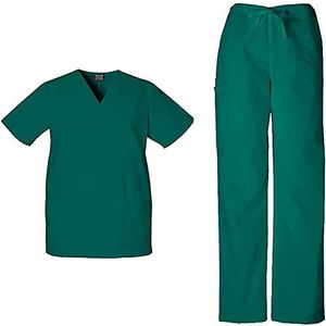 Dames Scrubs Set Werkkleding Originals 4876 V-hals Top & 4100T Trekkoord Cargo Broek, Hunter Groen-XL Top/L Lange Broek