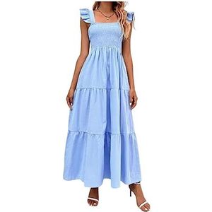 Summer Smocked Dress, Women's Spaghetti Strap Square Neck Shirred Maxi Dress, Ladies Sun Beach Party Ruffle Dress (L,Blue)