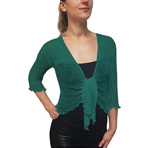 Mimosa Gehaakte bolero voor dames, glitter of effen, super rekbare kanten visnet stropdas in de taille, bolero, open vest, past maat 34-56, Licht Blauwgroen, One size